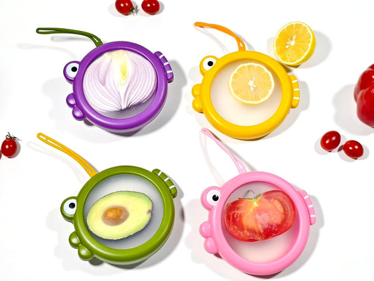 Onion storage and Avocado Saver,Set of 4 Double-Sided Silicone Fruit Keeper Containers for Fridge,Tomatos Holder,Lemons,Garlic,and Potatoes