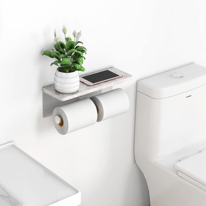 Gypie Marble Toilet Paper Holder with Shelf, Wall Mounted Matte Black | Stainless Steel Tissue Roll Paper Holder Dispenser for Bathroom Washroom