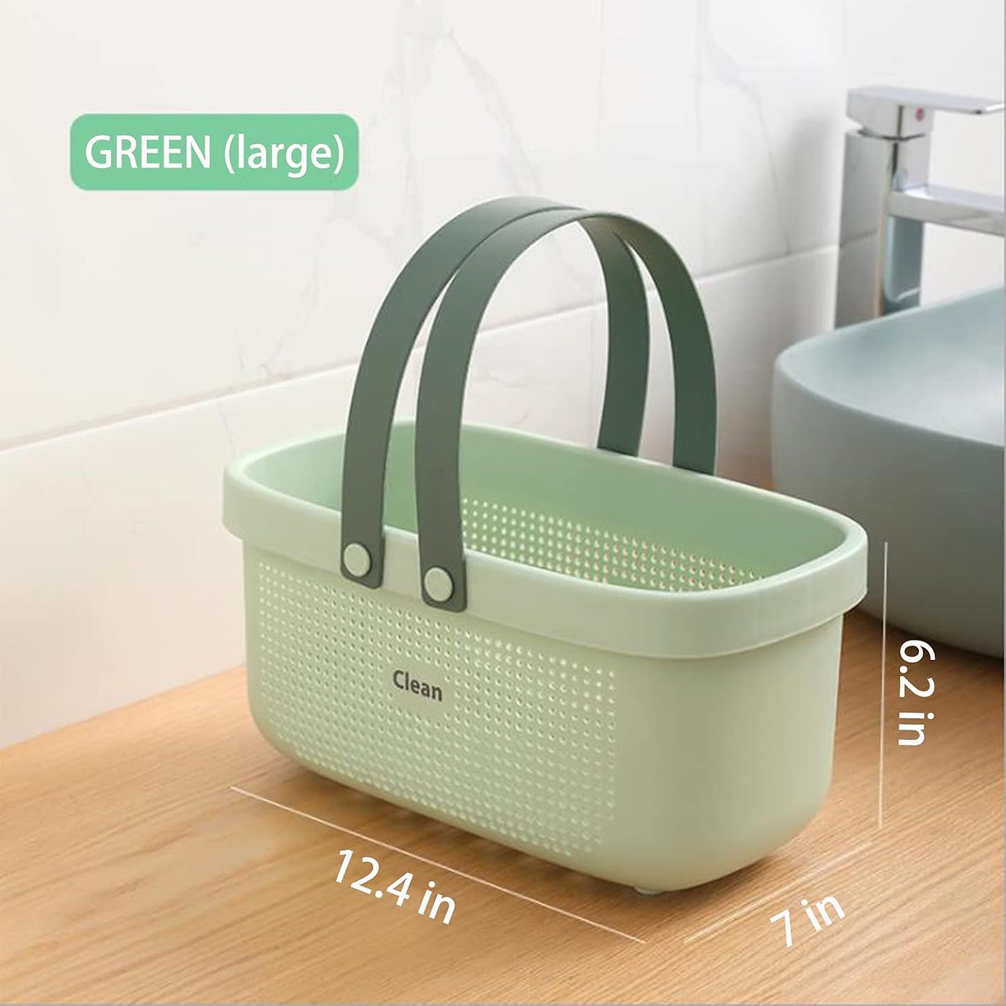 JiatuA Plastic Storage Basket with Handle Portable Shower Caddy Tote Organizer Basket Bin for Bathroom Kitchen Dorm Room Bedroom, Green | Sturdy Drainage Large Capacity Organizer Basket with Silicone Handles for Bathroom Kitchen Bedroom College Dorm