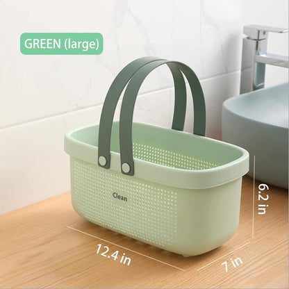JiatuA Plastic Storage Basket with Handle Portable Shower Caddy Tote Organizer Basket Bin for Bathroom Kitchen Dorm Room Bedroom, Green | Sturdy Drainage Large Capacity Organizer Basket with Silicone Handles for Bathroom Kitchen Bedroom College Dorm
