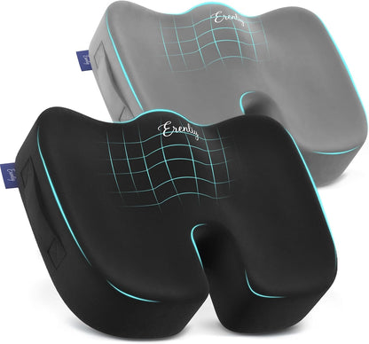2 Pack Seat Cushion Memory Foam for Office Chairs& Car, Black and Gray | Chair Cushions Firmer Support for Long Sitting, Ergonomic Design for Sciatica and Tailbone Pain Relief, Non-slip Base