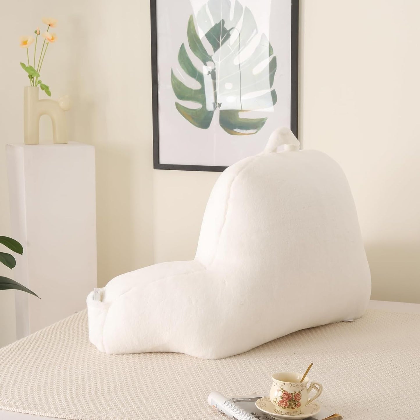 Reading Pillow with Arms for Sitting in Bed,Backrest,White Flannel,M | 17" Backrest Supports Back for College Students,Elbows & Forearms for Dorm Reading,Gaming,Watching TV