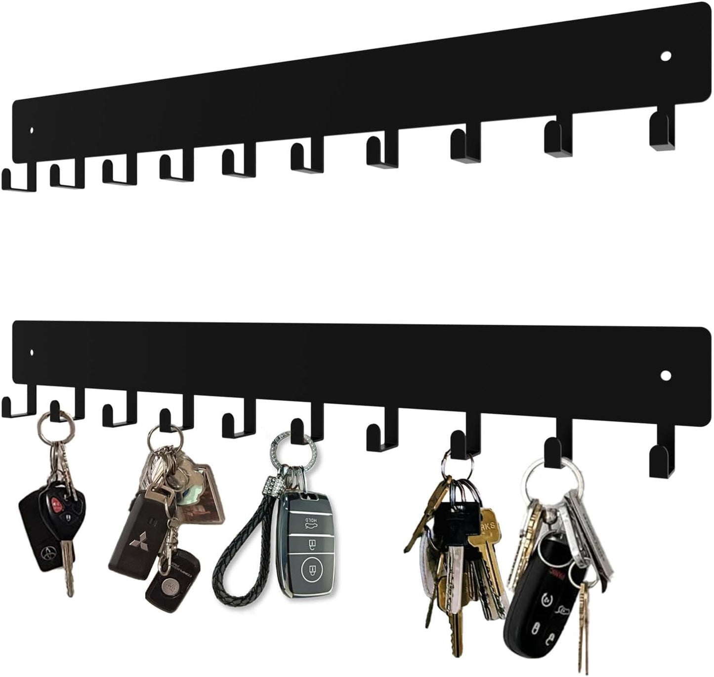 14inch Wall Key Holder with 10 Hooks(2 Sets), Metal Key Rack Wall Mount for Keys, Bags and Leashes, Key Hanger for Decorative Organizer Apartment，Entryway,livingroom,Black