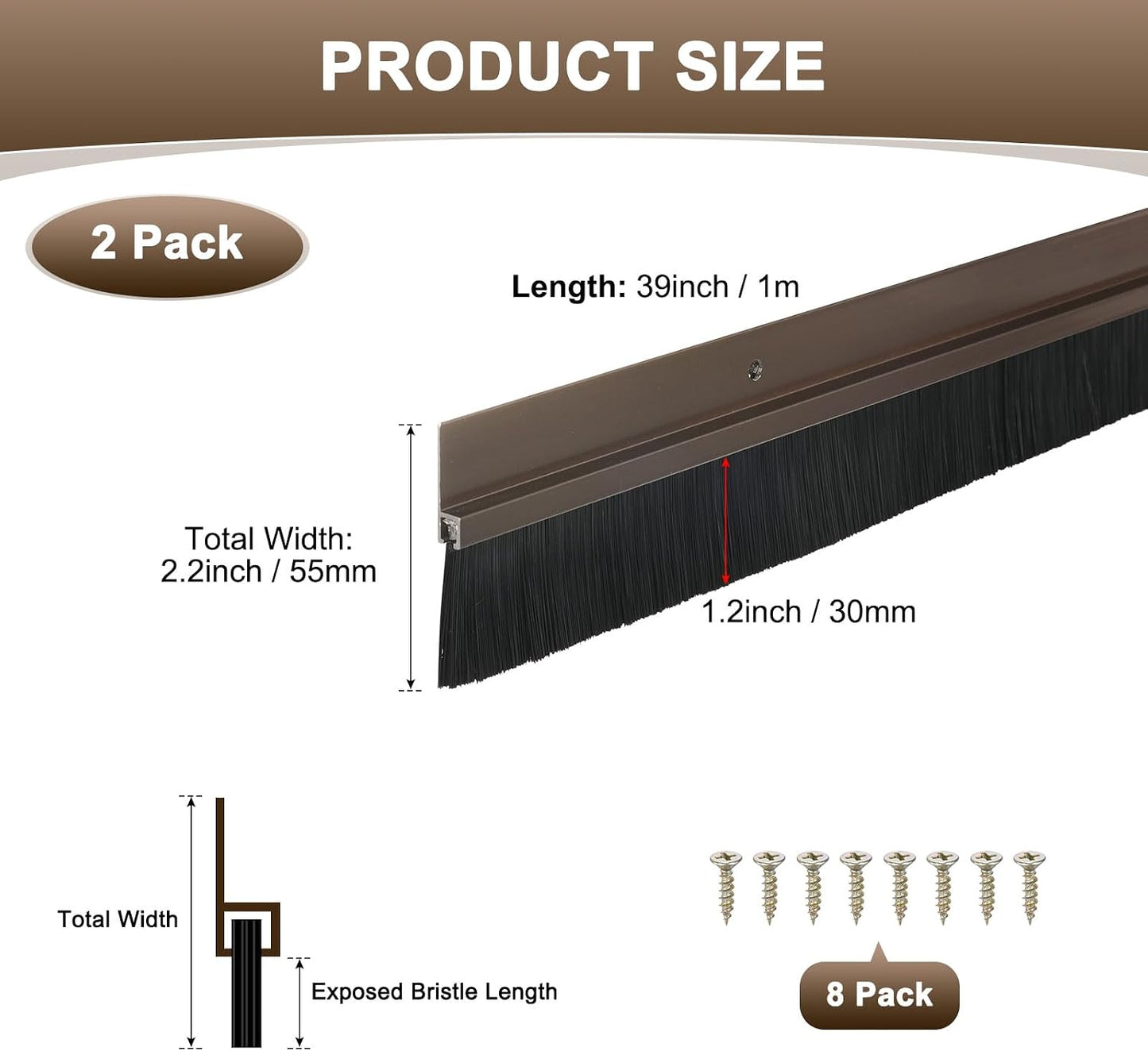 M METERXITY 2Pack Door Sweep - 39" Door Bottom Brush Heavy Duty Seal Draft Stopper Aluminum Base with 20mm Brush, Adhesive/Screw Installation for Interior/Exterior/Garage/Sliding Doors, Black