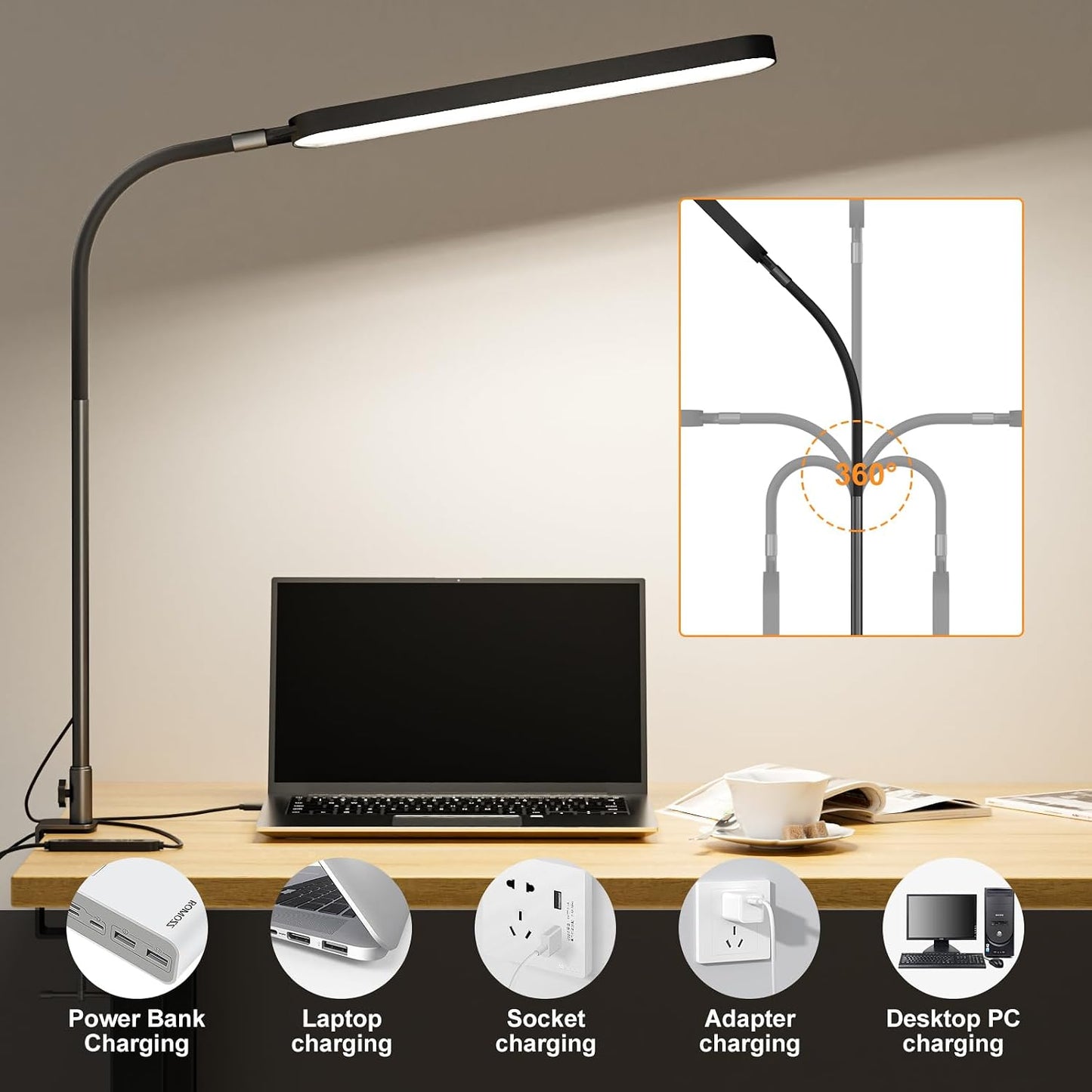 SKYLEO Desk Lamp for Home Office, Eye Comfortable LED Desk Light for Long Hours, Adjustable Swing Arm with Memory Function, Black