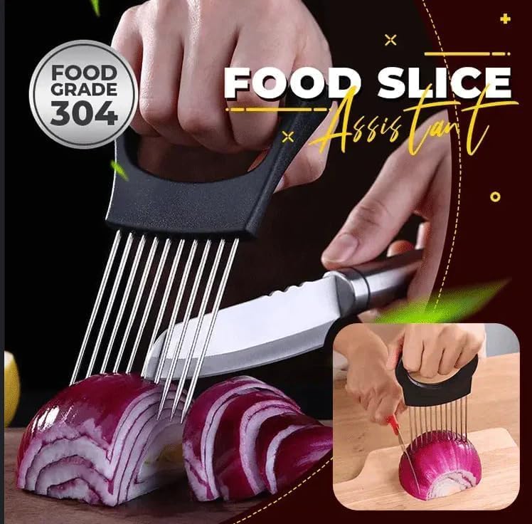 Onion Slice Holder, 2024 New Stainless Steel Holder for Slicing, Chopper Assistant Tool, Cutter for Meat, Onion, Potato, Tomato Kitchen Gadgets (Black, 2 Pack)