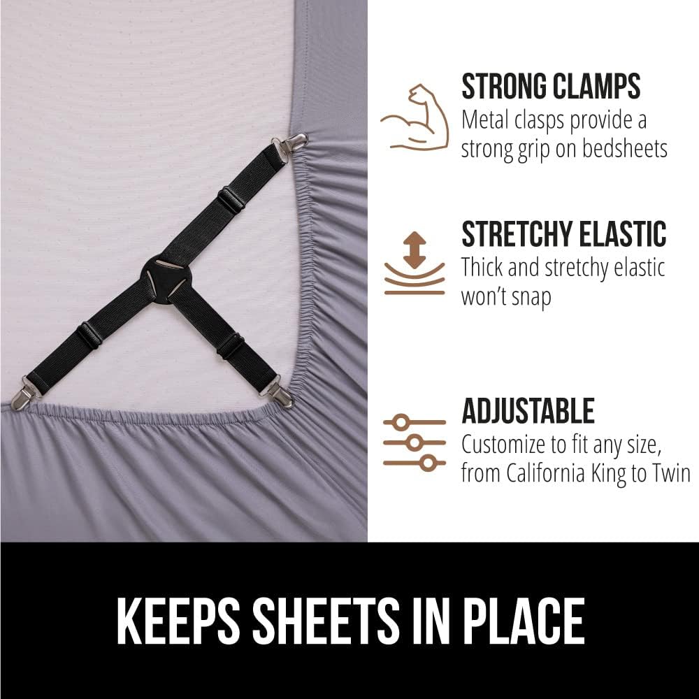 GORILLA GRIP Patented Bed Sheet Holders, Adjustable Elastic Fasteners with Metal Clips, Keep in Place Fitted Bedding Straps, Firm Tight Suspenders for Mattress, US Designed, 4 Pack Black