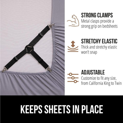 GORILLA GRIP Patented Bed Sheet Holders, Adjustable Elastic Fasteners with Metal Clips, Keep in Place Fitted Bedding Straps, Firm Tight Suspenders for Mattress, US Designed, 4 Pack Black