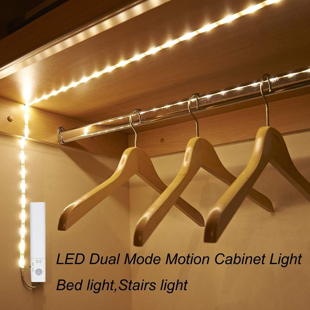 3.3Ft PIR Motion Sensor LED Cabinet Lights, Waterproof Battery Powered DC 5V 3528 Strip Tape Under Bed lamp Light for Closet Wardrobe Stairs Hallway(White)