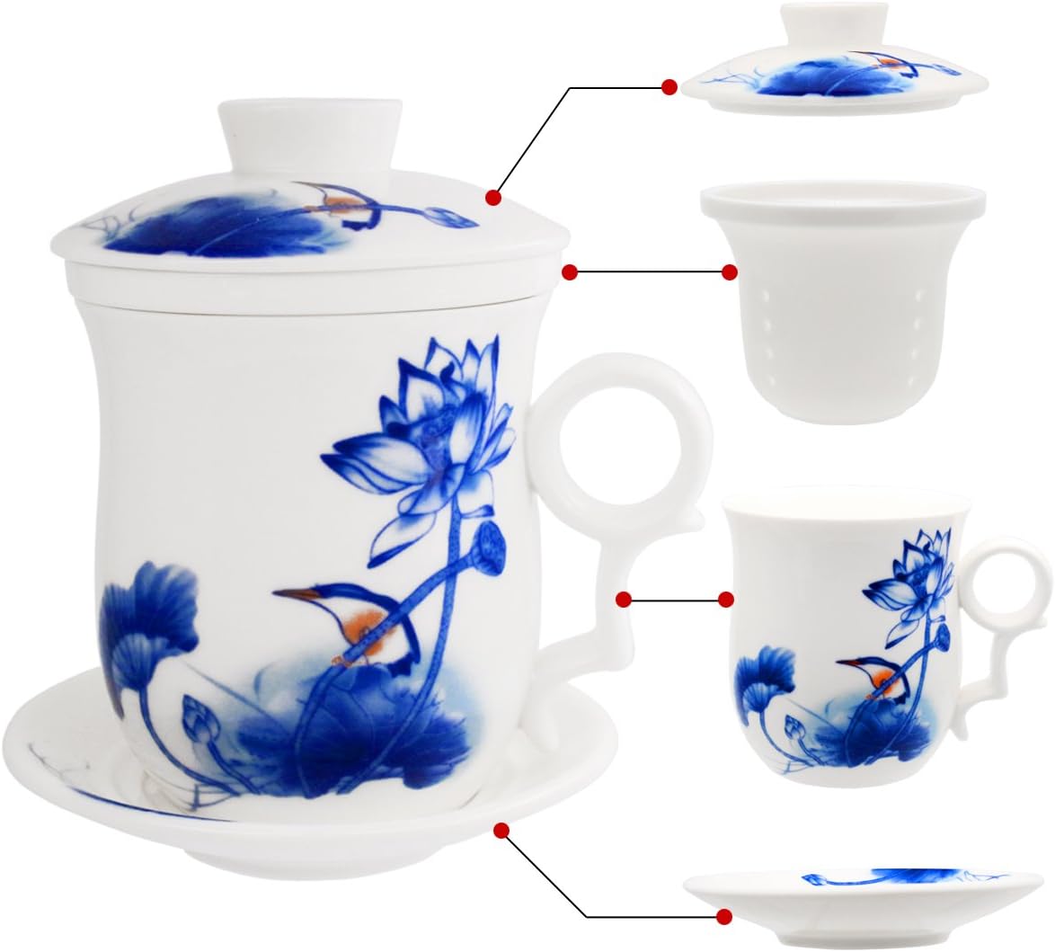 Porcelain Tea Cup with Infuser Lid and Saucer Sets - Chinese Jingdezhen Ceramics Coffee Mug Teacup Loose Leaf Tea Brewing System for Home Office