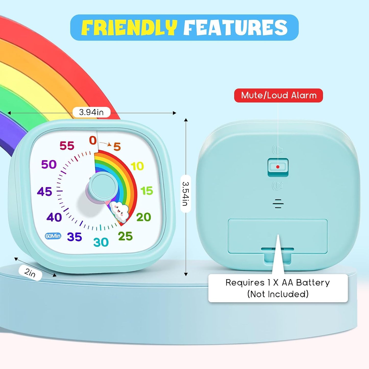 HIPPIH Visual Timer for Kids - 60 Minute Pomodoro Timers for Classroom Kitchen Office, Countdown Kids Timer Clock with Rainbow Disk, Desk Time Management Tool for Toddler with Silent Operation, Blue