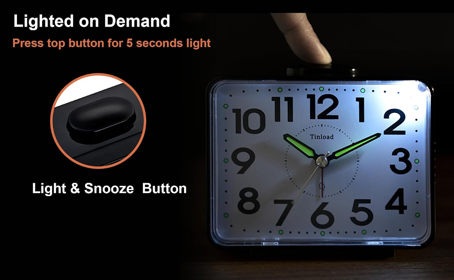 Tinload 4.2" Loud Bell Alarm Clock for Heavy Sleepers Adults, Silent No Ticking, Snooze, Lighted on Demand, Battery Operated Alarm Clocks for Bedrooms (Black)