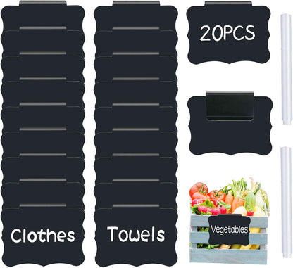 20 Basket Labels Clip On, Reusable Labels for Storage Bins, Removable Chalk Labels for Containers, Kitchen Closet Baskets and Storage Basket Holders with 2 White Chalk Markers