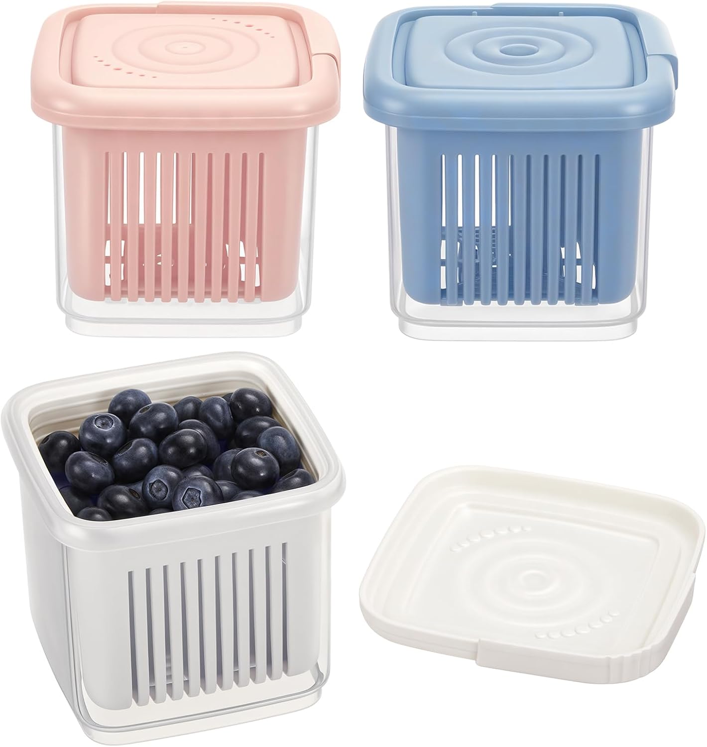LemonRoad Set of 3 Berry Containers for Fridge, 1-Quart Berry Basket with Removable Colander, Kitchen Fruit Baskets for refrigerator, for Strawberry, Grape, Cherry, Berries Fresh longer
