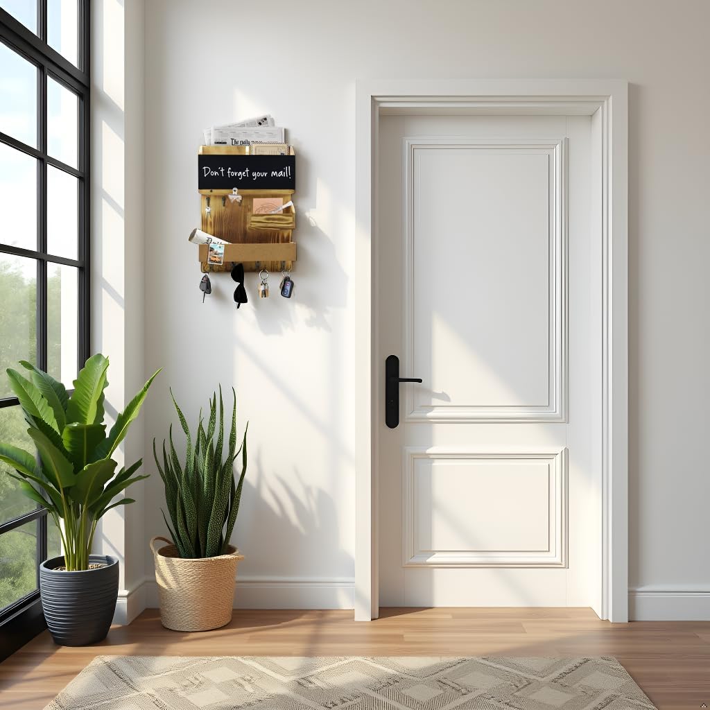 Key Holder for Wall Mount with Shelf and Mail Organizer, Key and Mail Holder with 16 Hooks, Farmhouse Entryway Organizer, Home Decor Rack (Pine Wood, White Washed)