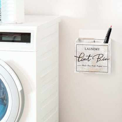 J JACKCUBE DESIGN Magnetic Lint Bin for Laundry Room, Lint Basket Container, Trash Can Box, Organizer, Storage for Washer and Dryer Supplies- White Washed Rustic Wood Wall Mount- MK904A