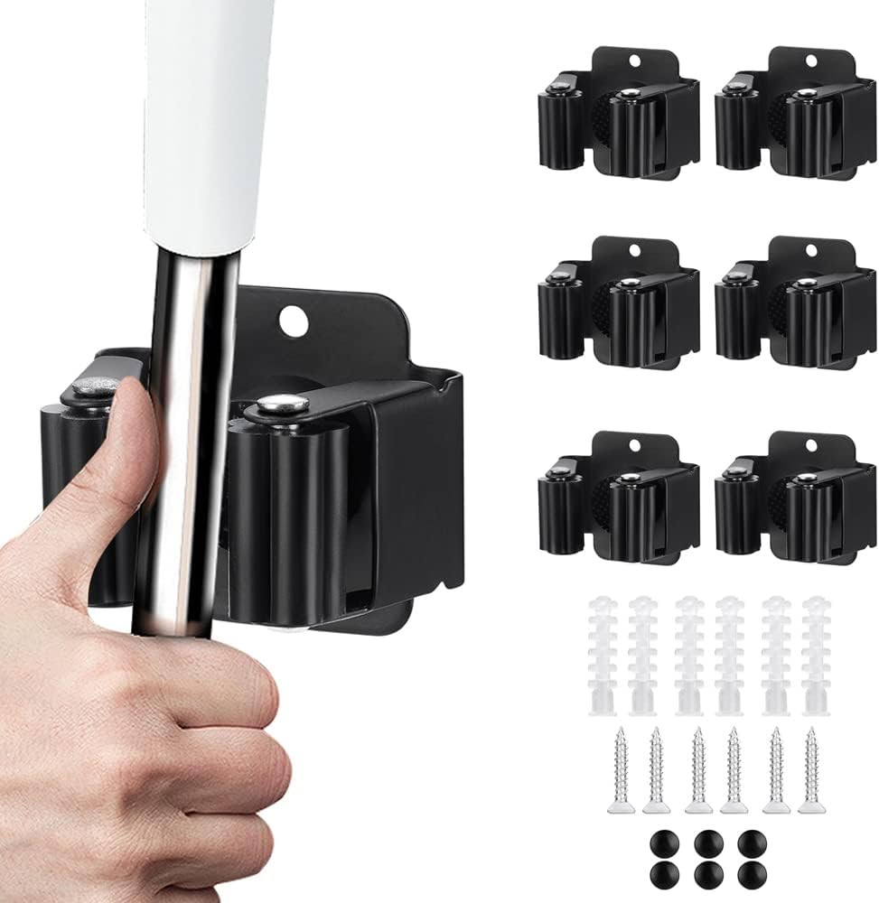 JAMEND CLXP 6PCS Broom and Mop Holder, Heavy Duty Garden Tool Organizer Rack Rake and Shovel Handle, Stainless Steel Mop Hanger. Screws for Wall Mounted. Matte Black