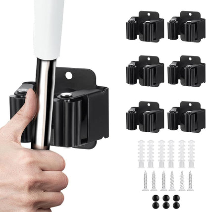 JAMEND CLXP 6PCS Broom and Mop Holder, Heavy Duty Garden Tool Organizer Rack Rake and Shovel Handle, Stainless Steel Mop Hanger. Screws for Wall Mounted. Matte Black