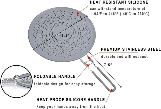 Silicone Grease Splatter Screen Pan Cover with Folding Handle, Heat Resistant Cooling Mat, Strainer, Drain Board, Oil Splash Guard for Frying Pan Cooking, 11.4 Inch
