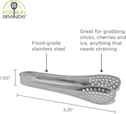 Fox Run Stainless Steel Mini Straining Tongs For Ice, Tea Bags, Olives, Cherries and More, 5"