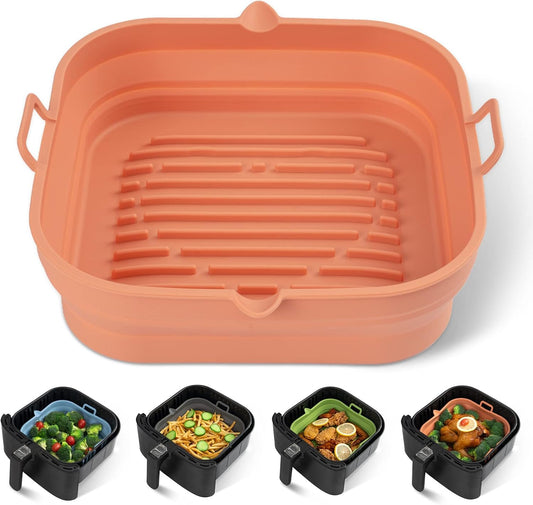 Silicone Air Fryer Liners Square - Reusable Airfryer Collapsible Basket - Easy to Clean Air Fryers Pot for 5.8 to 8 Qt Baking Tray Oven Accessories, 8.5 Inch Large
