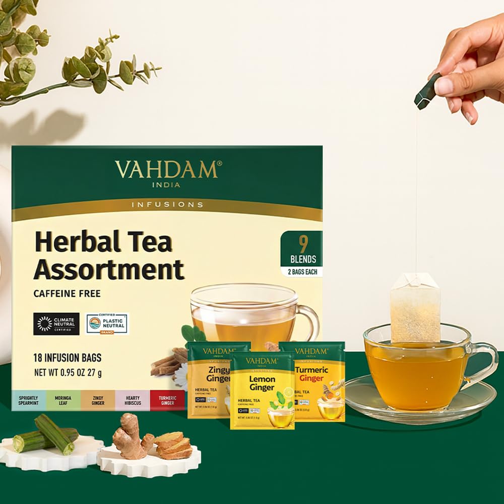 VAHDAM, Assorted Herbal Tea Sampler (18 Tea Bags, 9 Flavors) Caffeine-Free, Non-GMO | Double Infusion, Individually Enveloped Tea Bags | Herbal Tea Assortmen