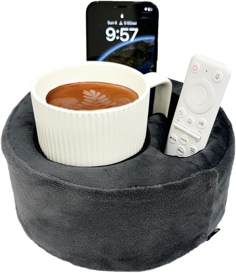 Xchouxer Couch Cup Holder Pillow, Sofa and Bed Organizer Caddy for Drinks, Remotes, Phones (Gray)