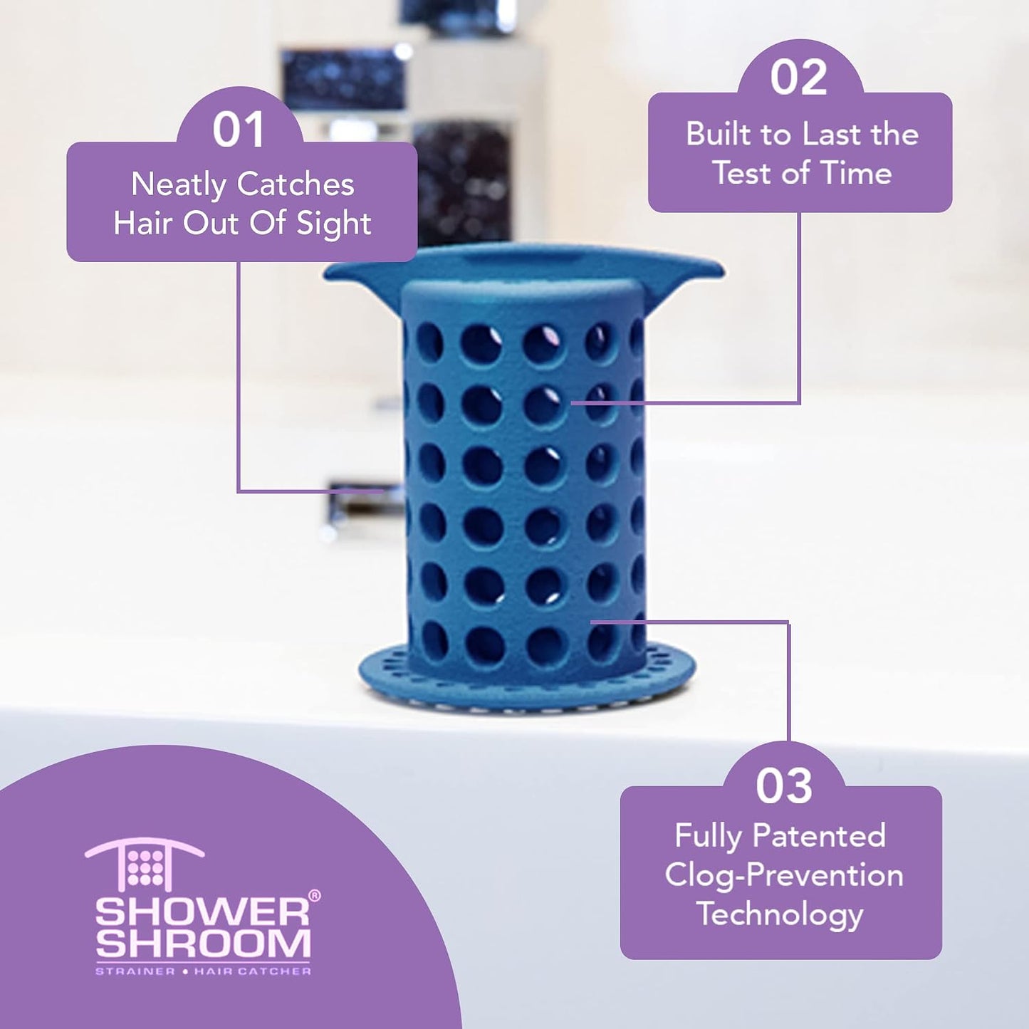 ShowerShroom the Revolutionary 2" Stand-Up Shower Stall Drain Protector Hair Catcher/Strainer, Blue