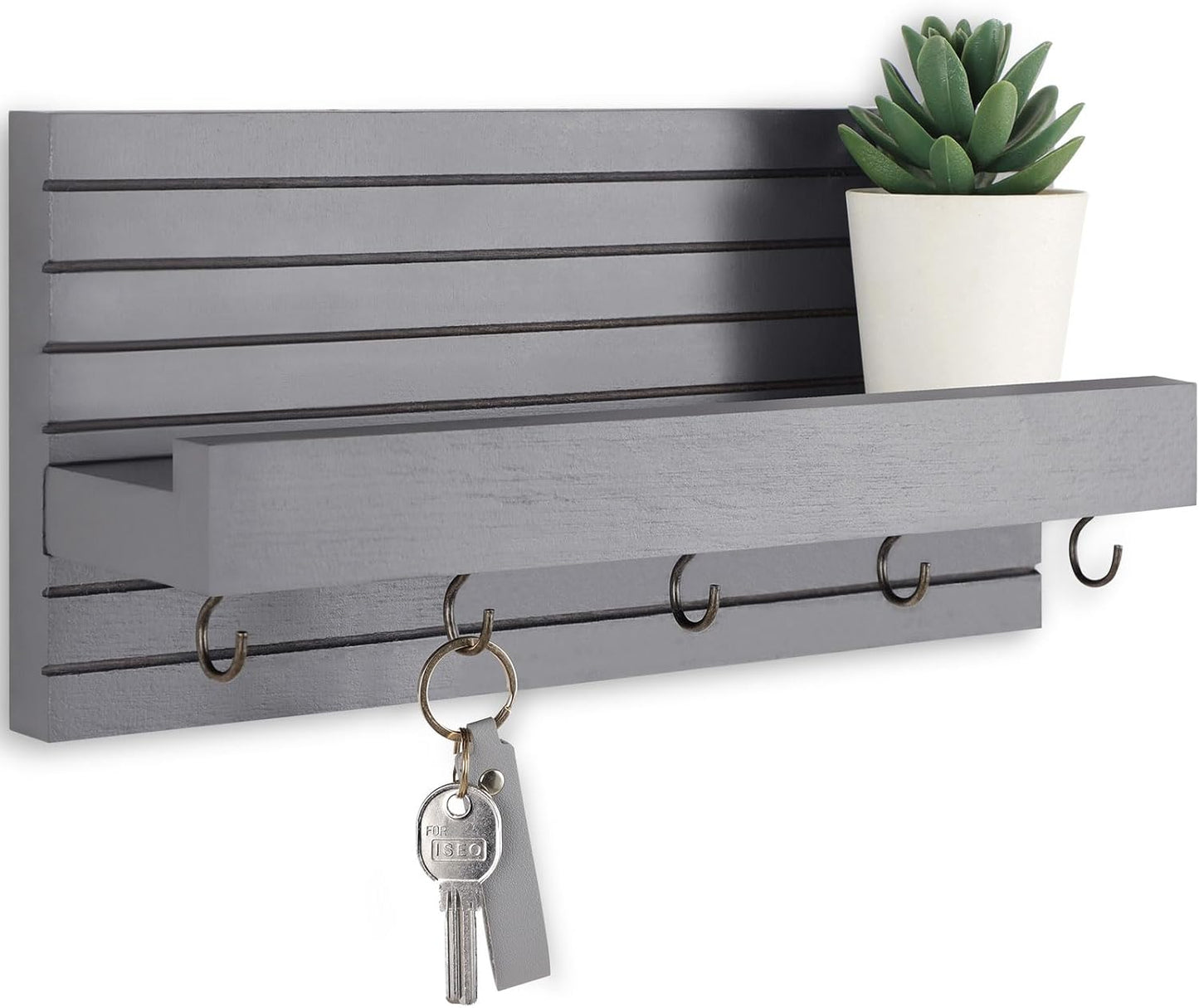 Lwenki Decorative Key Holder for Wall with Shelf, Entryway Shelf with Hooks Holds Leashes, Jackets and Glasses – Sturdy Wood Keyholder Entrance Hanger with Mounting Hardware (Black, Medium)