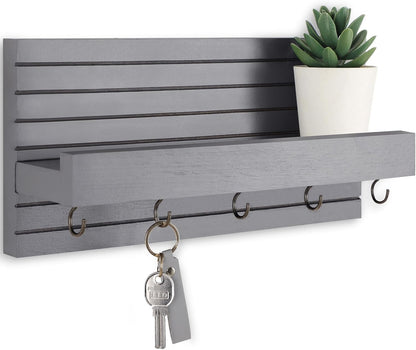 Lwenki Decorative Key Holder for Wall with Shelf, Entryway Shelf with Hooks Holds Leashes, Jackets and Glasses – Sturdy Wood Keyholder Entrance Hanger with Mounting Hardware (Black, Medium)