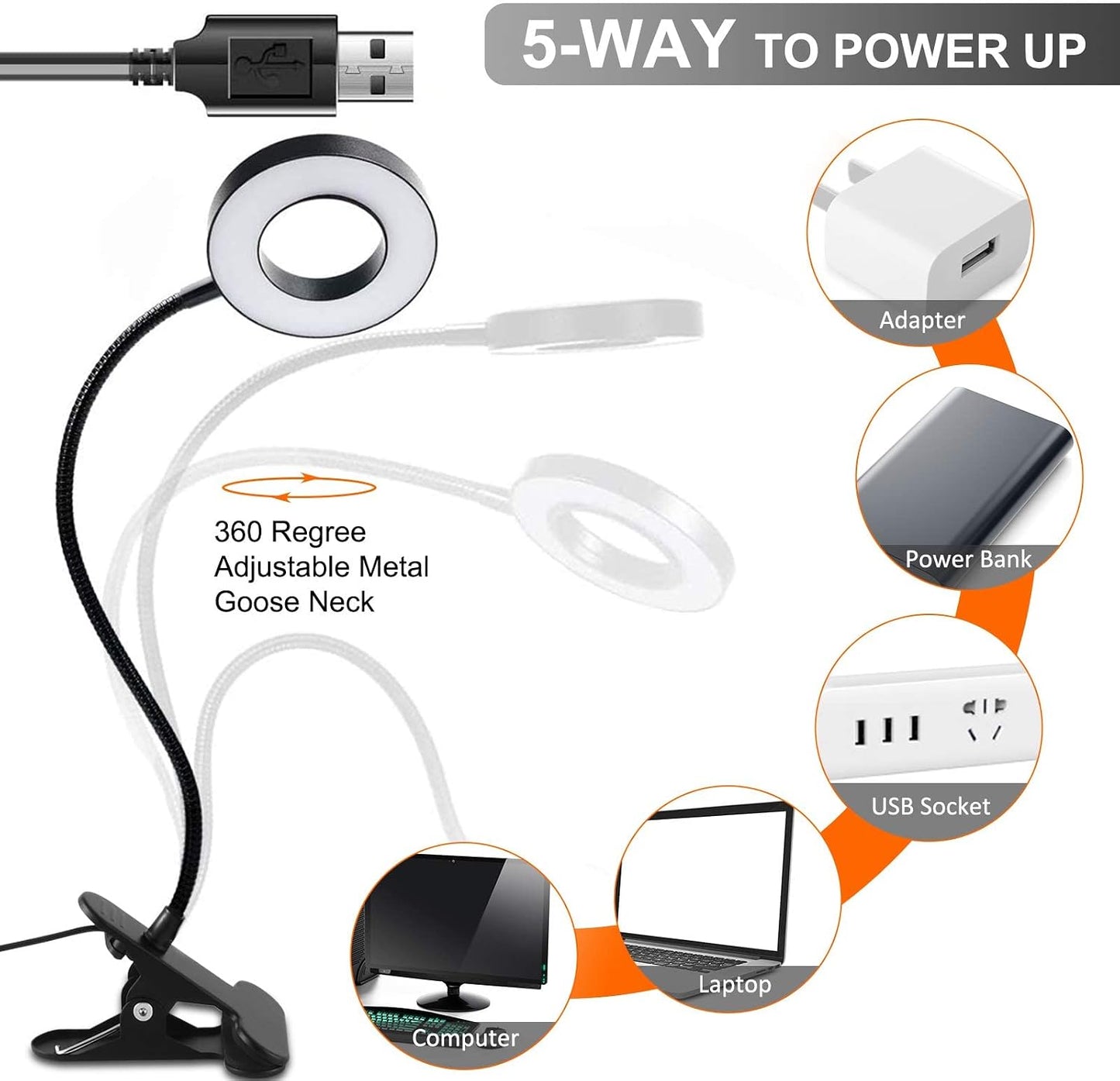 Dpower Clip on Light Reading Lights, 48 LED USB Desk Lamp with 3 Color Modes 10 Brightness, Eye Protection Book Clamp Light, 360 ° Flexible Gooseneck Clamp Lamp for Desk Headboard Video Conferencing