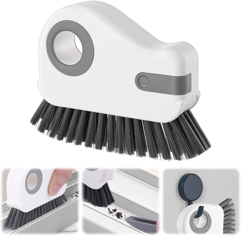 2 in 1 Groove Cleaning Brush, Window Track Cleaning Tools (Gray) | Multifunction Window Track Cleaner with Hard Bristle and Hidden Scraper, Crevice Brush for Sliding Door Track, Window Seal