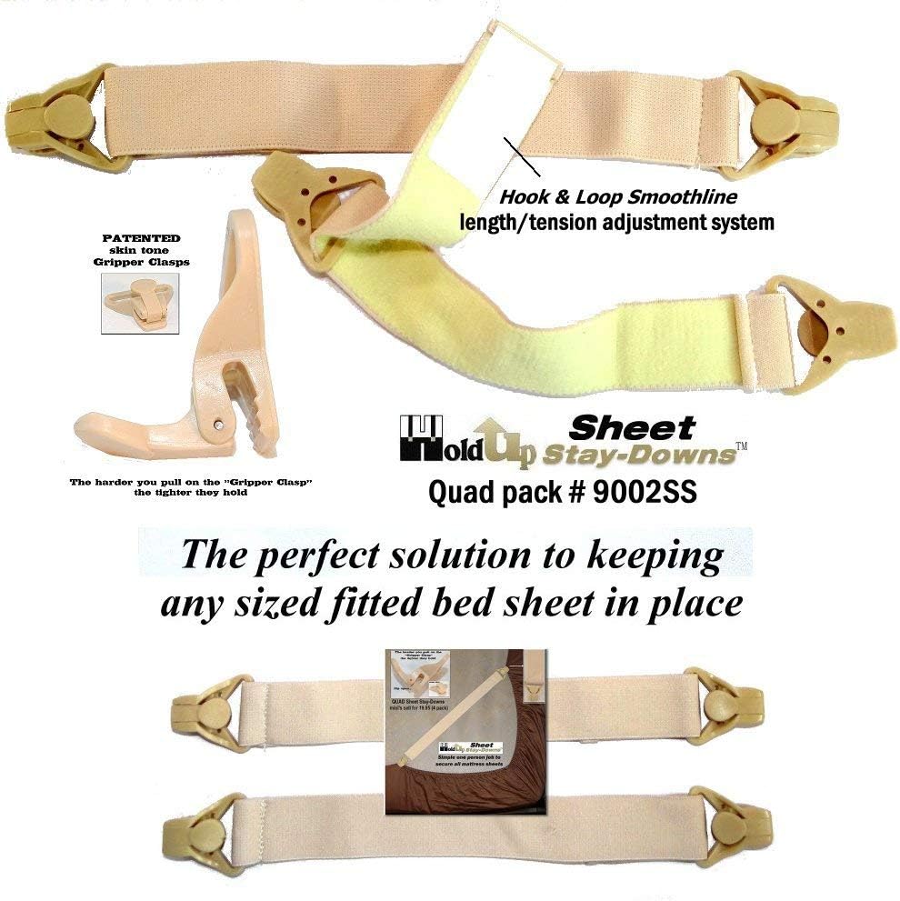 Holdup Bed Sheet Stay-Downs Short Quad USA Patented Plastic Gripper Clasps