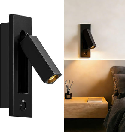 Wall Mounted Reading Light with USB, LED Bedside Reading Light with Switch, Adjustable Recessed Headboard Reading Lights Wall Sconce for Reading, Hardwired Reading Spotlight for Bedroom (Black)