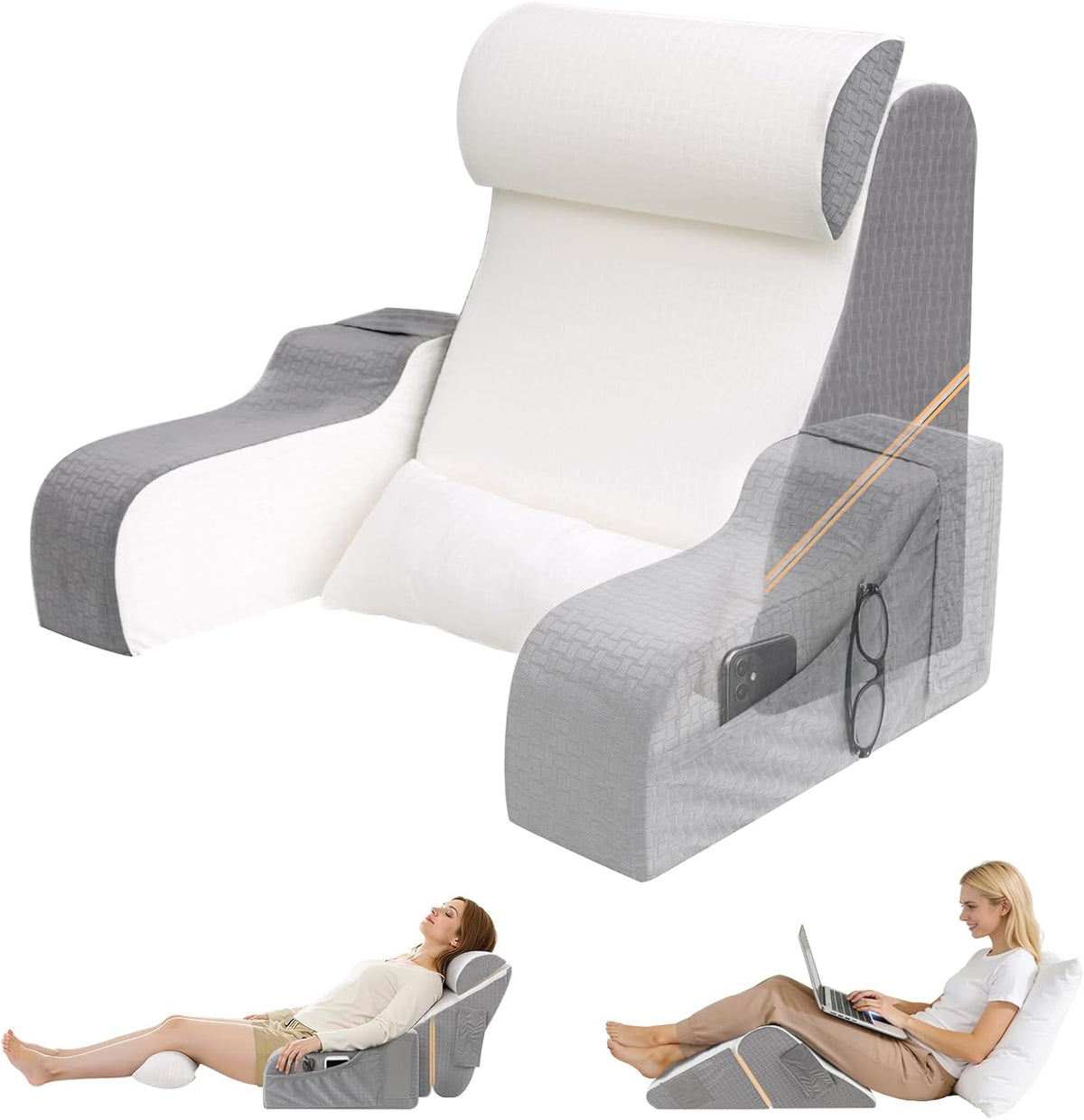 Foldable Reading Pillow for Sitting in Bed Adult, White/Grey, 19"