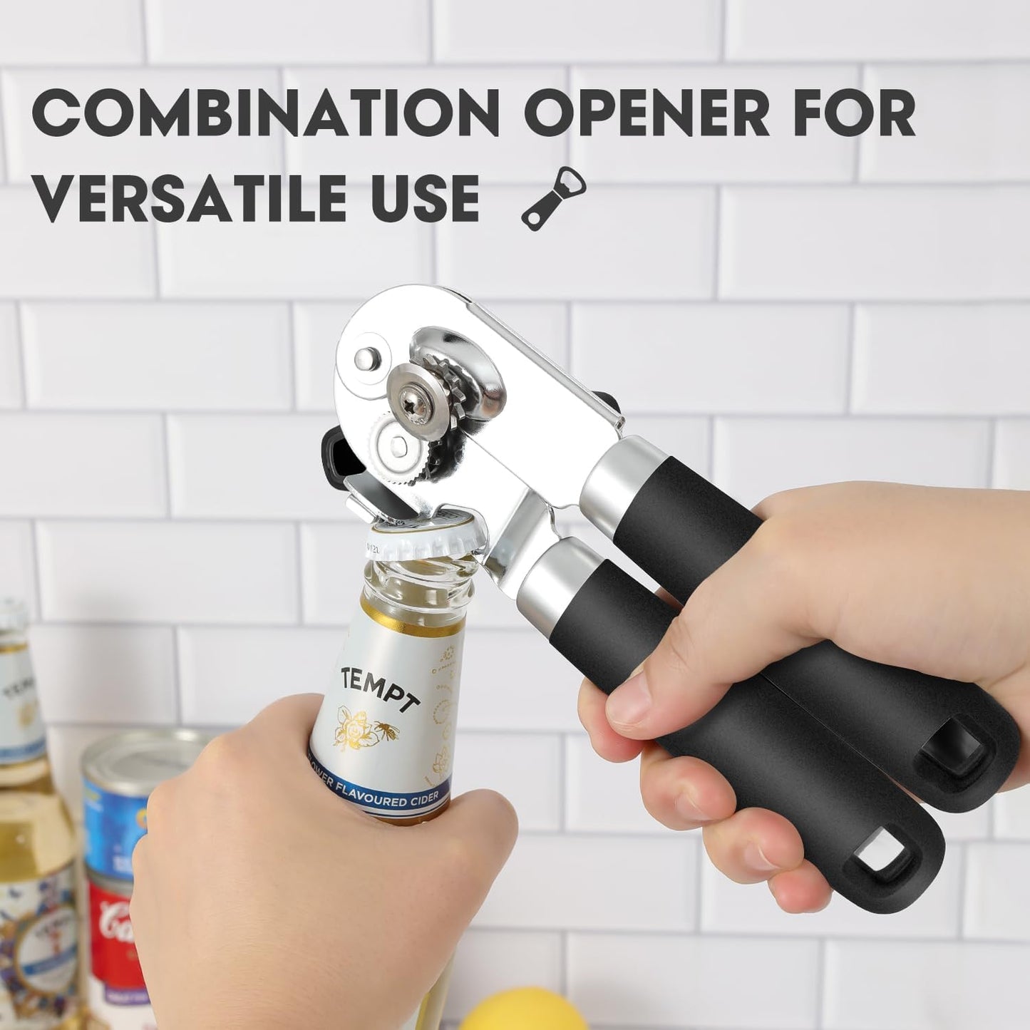 UHIYEE Hand Held Can Opener Manual with Magnet for Home Kitchen, Black | Easy Work, Premium 420J2 Steel, Magnetic Lid Lifter, Easy-Turn Oversized Knob, Arthritis Friendly, Smooth Edge