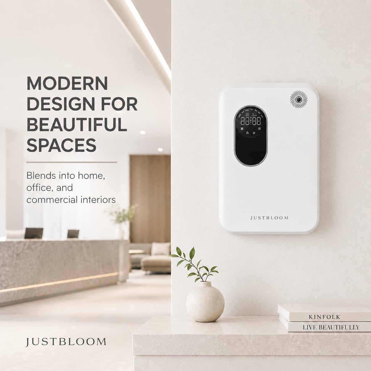 JUSTBLOOM Hotel Essential Oil Diffuser, Waterless Fragrance Diffuser | Up to 4000 Sq Ft: Smart App Control, Cold Air Diffusion, ,360° Ambient Light, Auto Shut-Off, Premium Aluminum Design