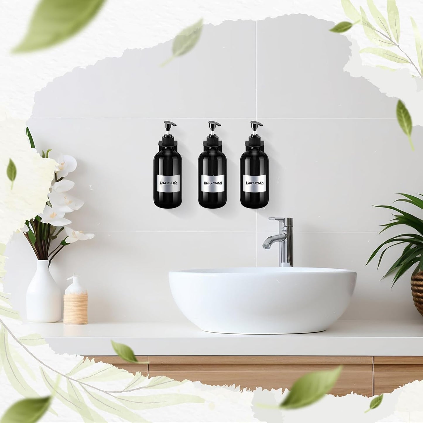 6 Pack Shampoo and Conditioner Dispenser Wall Mount 17oz No Drill Shampoo and Conditioner Dispenser with Matte Pump and Waterproof Labels Shower Soap Bottles Wall Mounted for Home Bathroom