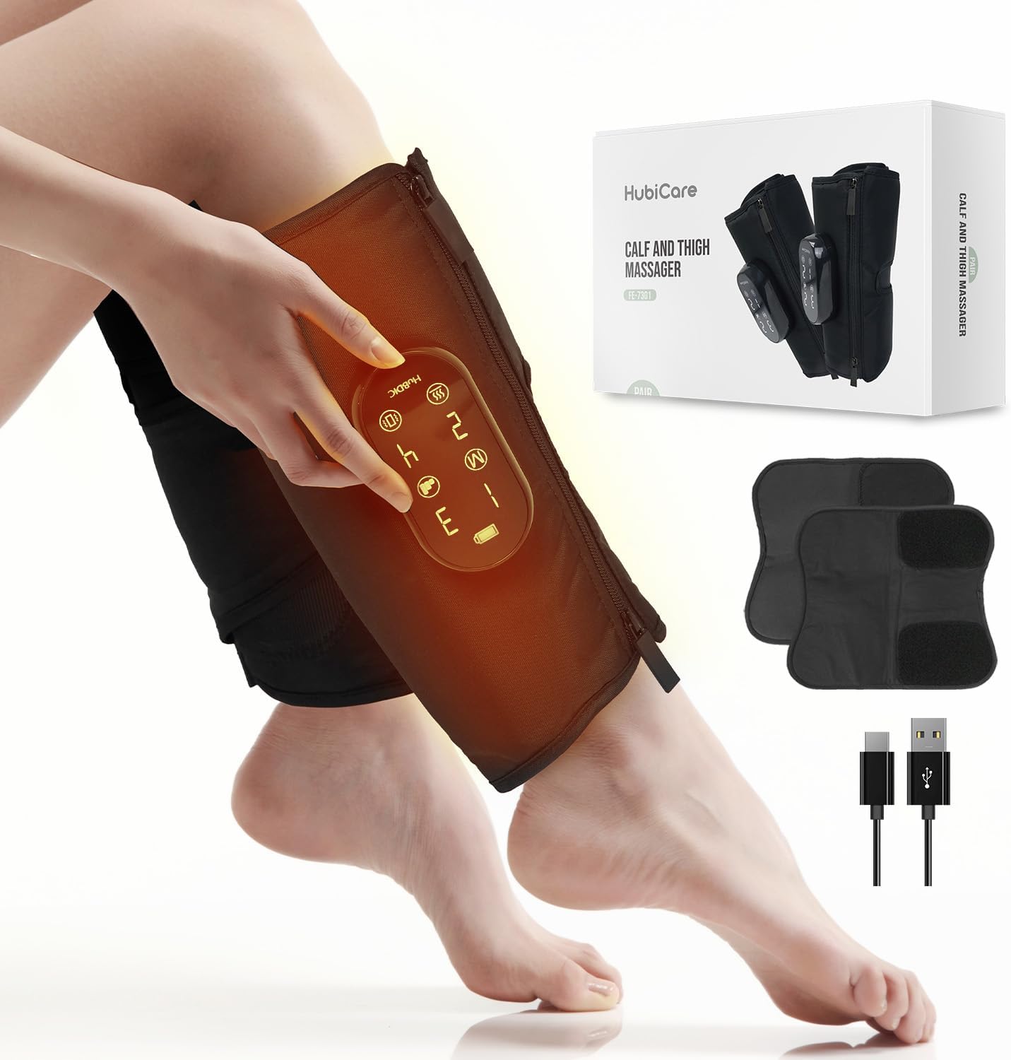 HubiCare Calf and Thigh Massager, Heated Air Compression Leg Massager, Sequential Compression Wrap for Tired Legs, 4 Modes 3 Intensities, Vibtration, Cordless Leg Massager with Extension (Pair)