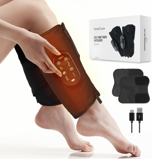 HubiCare Calf and Thigh Massager, Heated Air Compression Leg Massager, Sequential Compression Wrap for Tired Legs, 4 Modes 3 Intensities, Vibtration, Cordless Leg Massager with Extension (Pair)