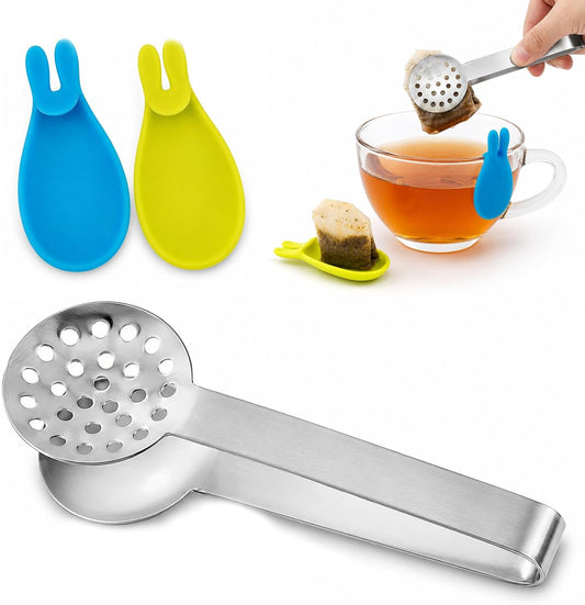 1 Pcs 6 inch Tea Bag Squeezer,With 2pcs Bunny Silicone Tea Tongs | Silicone Tea Bag Holder,Durable Stainless Steel Tea Bag Strainer Clips Herb Or Sugar Ice Cube For Kitchen Bar Tools