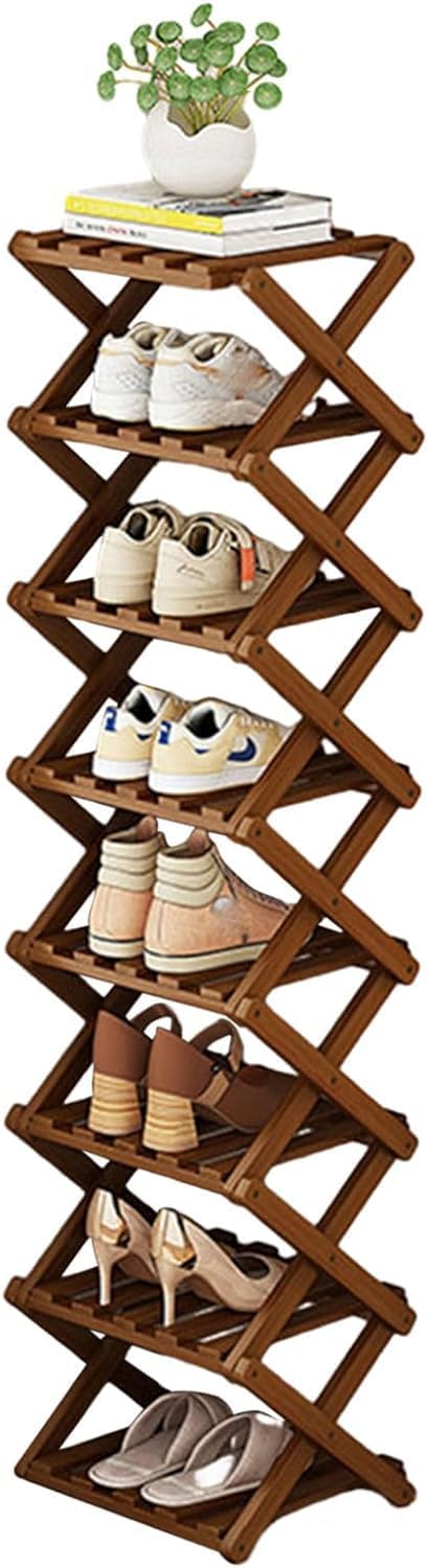 YYW Bamboo Shoe Rack for Entryway, Foldable Free Standing for Closet | Installation-Free Vertical Shoe Racks, Shoe Shelf for Living Room Bedroom, Easy To Assemble, Tawny 5 Layers