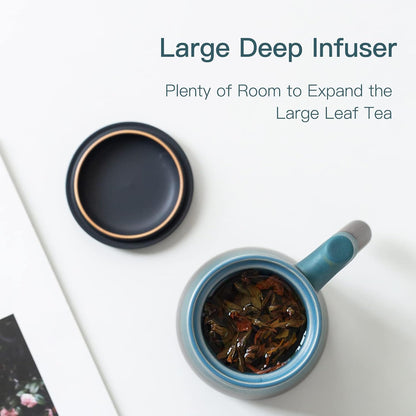 ZENS Tea Cup with Infuser and Lid & Coaster for Tea Steeper, 15oz Blue | Embossed Ceramic Tea Infuser Mug for Loose Leaf Tea Difussers, Tea Lovers Gifts, Nature Wood Handle