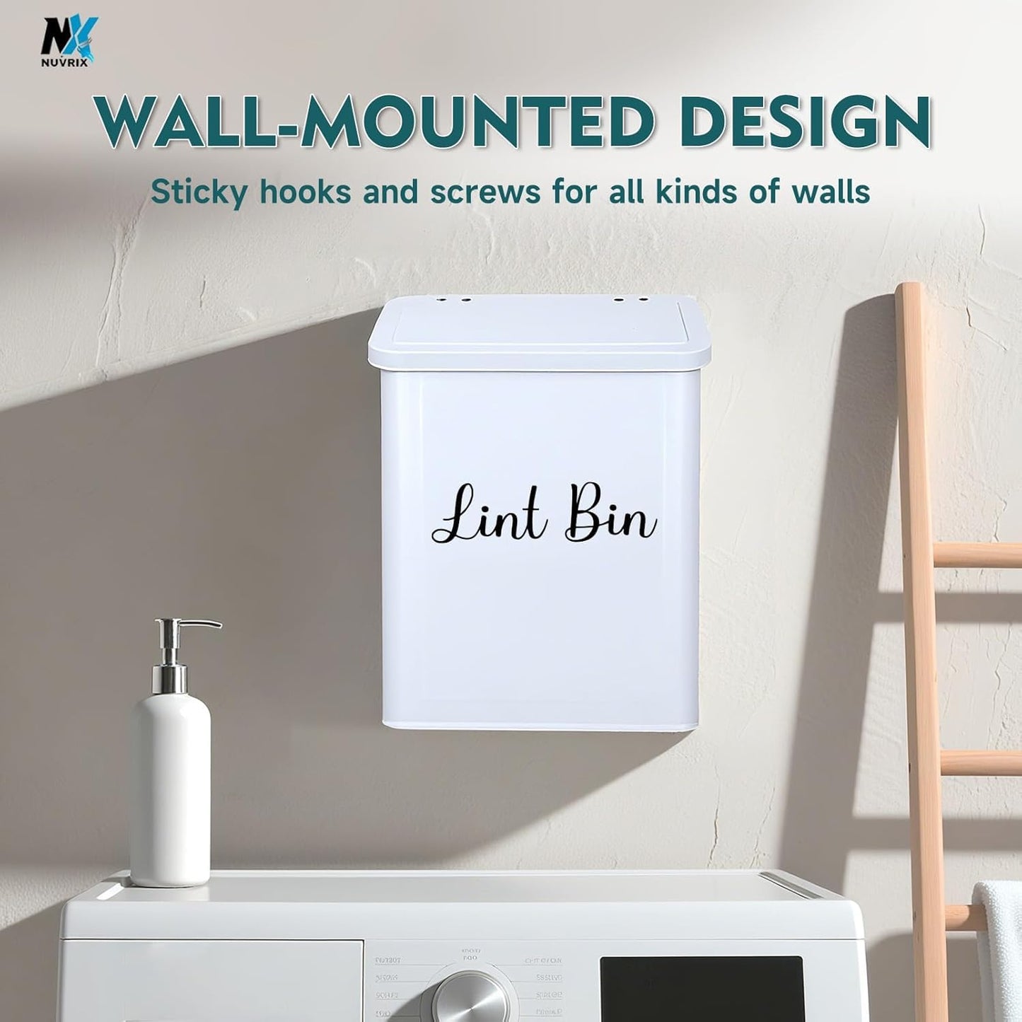 Magnetic Lint Bin for Laundry Room, Dryer lint bin Shiny White | galvanized metal body 1 Soft Lint Brush Included, 1 Magnetic Hook Included, 2 adhasive Hooks Included, Space-Saving