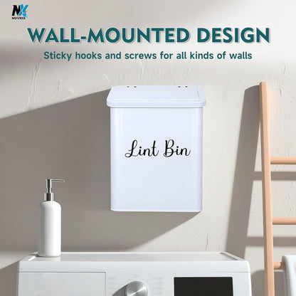 Magnetic Lint Bin for Laundry Room, Dryer lint bin Shiny White | galvanized metal body 1 Soft Lint Brush Included, 1 Magnetic Hook Included, 2 adhasive Hooks Included, Space-Saving