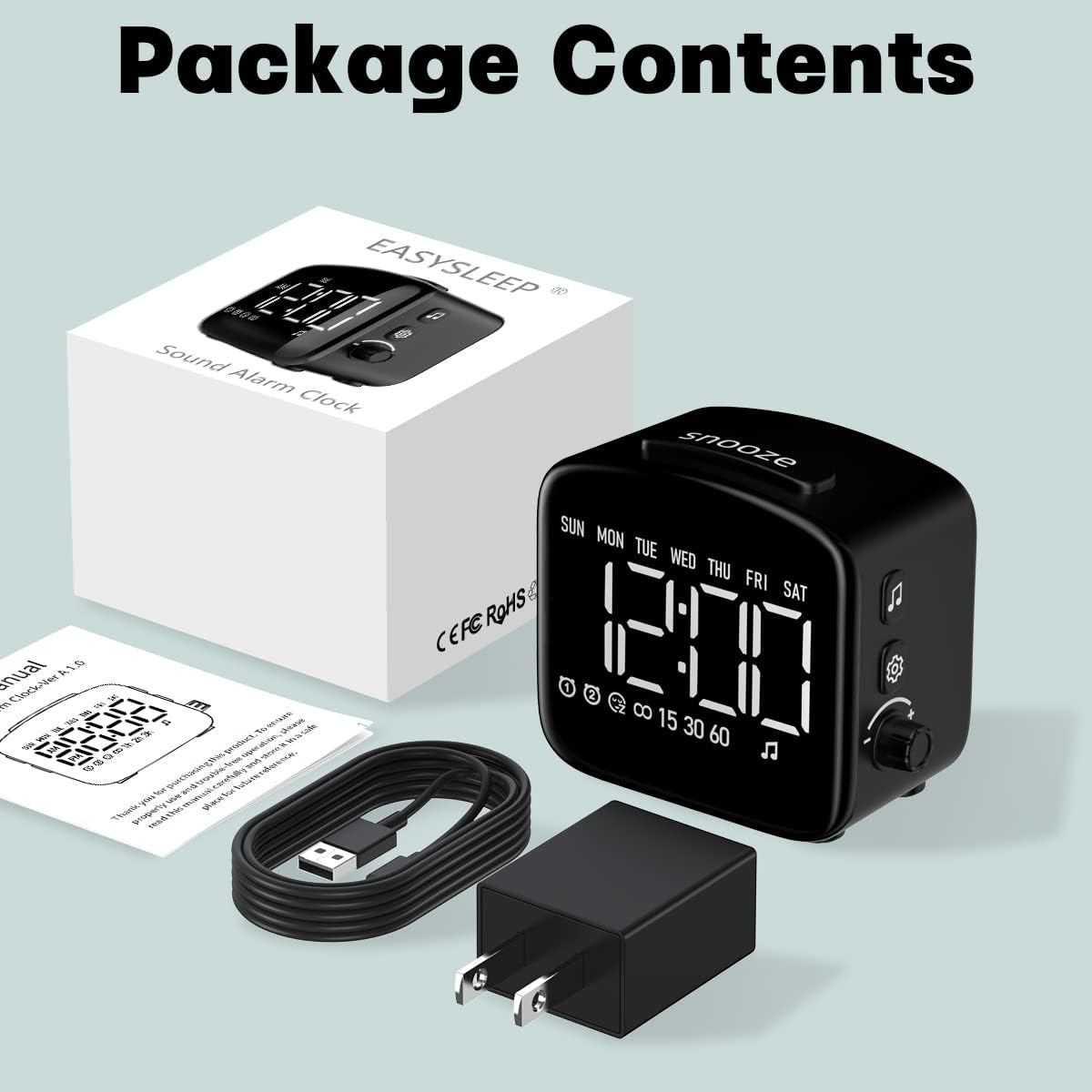 Easysleep Acoustic Sound Alarms Digital Wake Up Clock with Big LED Display 27 Soothing Sounds Sunrise Clock Dual 3 Alarms Memory Snooze Setting 4 Brightness for Deep Sleepers Adults Teenagers
