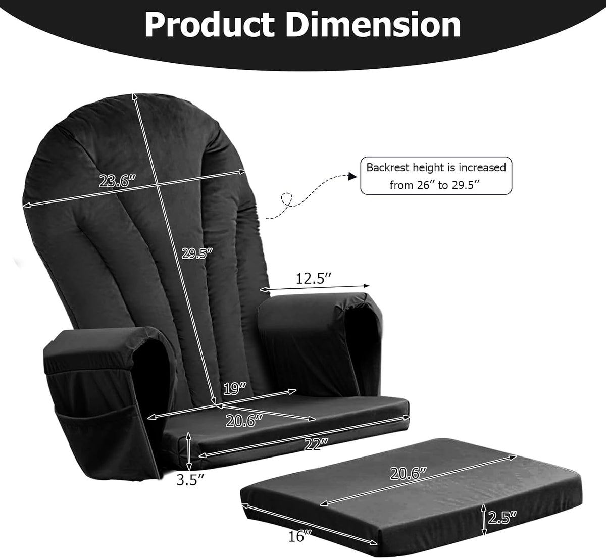 ANMINY 5pcs Glider Rocker Replacement Cushions Set with Ottoman Cushion, 3.5Inch Thickened Velvet Glider Rocking Chair Cushions with 29 inch High Backrest & Side Pockets for Indoor Nursery, Blue