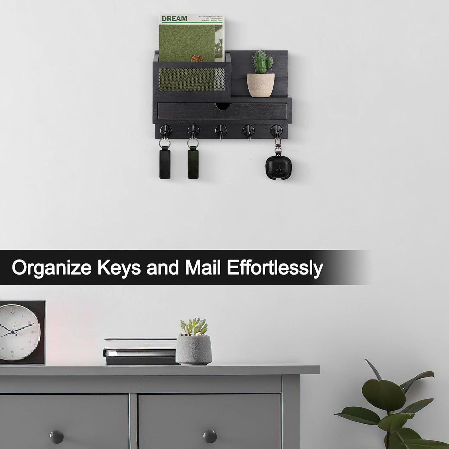 Key Holder for Wall with 5 Key Hooks and Storage Drawer | Key Holder Wall Mount, Mail Organizer for Entryway Living Room Farmhouse Home Decor