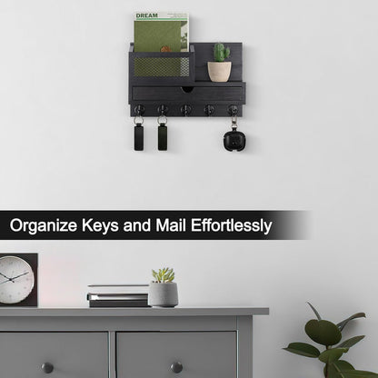 Key Holder for Wall with 5 Key Hooks and Storage Drawer | Key Holder Wall Mount, Mail Organizer for Entryway Living Room Farmhouse Home Decor