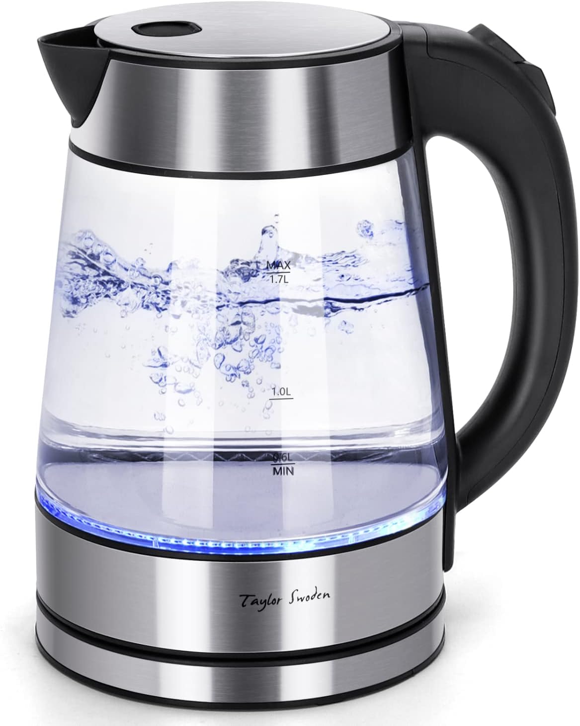 Taylor Swoden 1.7L Electric Tea Kettle, Glass Hot Water Boiler for Tea | Fast Boiling Electric Kettle Cordless Water Boiler with Auto Shutoff & Boil Dry Protection, Glass & Stainless Steel
